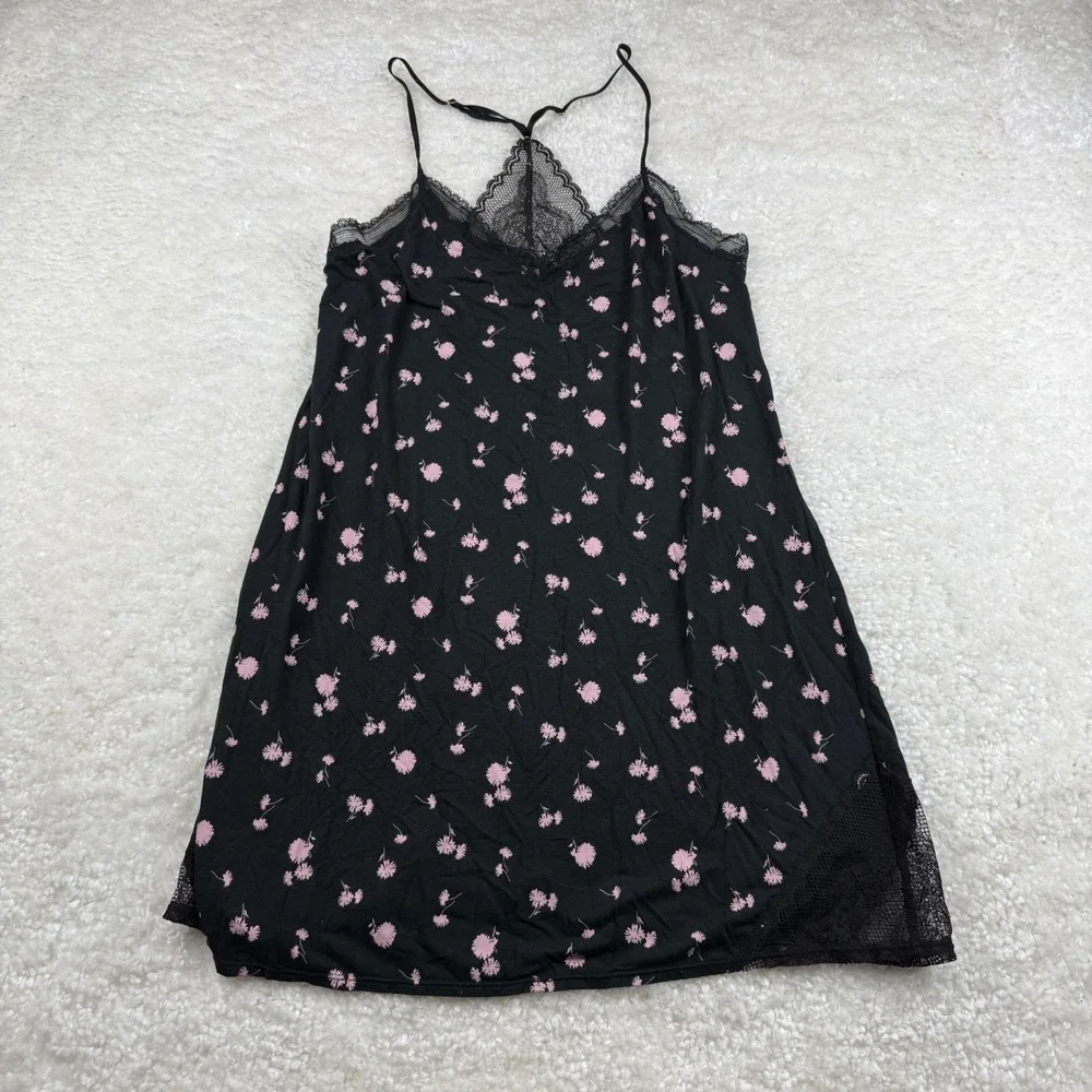 Victoria's Secret Nightgown Women Medium Black Floral Lace Trim Chemise Slip